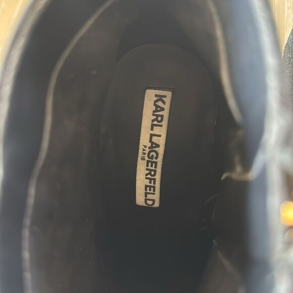 Karl Lagerfeld Black Leather Suede Ankle Boots Geometric Gold Block Heel Sz 8.5 - Picture 13 of 16